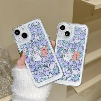 Kore Sevimli Ayı Tavşan Tavşan Çiçek Telefon Kılıfı İçin iPhone 13 Pro Kılıf iPhone 14 12 13 11 Pro XS Max XR 8 Artı Darbeye Dayanıklı Kapak