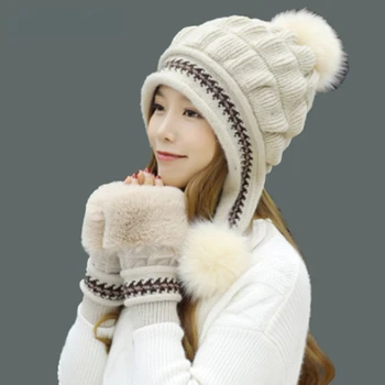 Kış Şapka Kadınlar için Beanies Skullies Kadın Kap Sıcak 2022 Marka Yeni Büyük Pom Poms Sıcak Skins Eldiven Şapka Örgü Kış Şapka