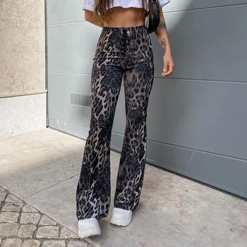 Kadın Leopar Baskı Pantolon Kadın Ayarlanabilir Flare pantolon Streetwear Çiş Pantolon Kadın Bandaj Çan dipleri Y2k Estetik