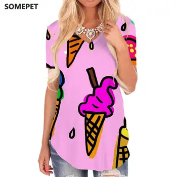SOMEPET Dondurma T Shirt Kadın Gıda Gömlek Baskı Boyama V Yaka Tshirt Yaratıcılık Komik T Shirt Bayan Giyim Punk Rock