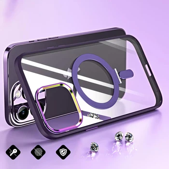 Iphone 14 Pro Max Artı Temizle Funda Kılıf Magsafe Kablosuz Manyetik Kılıf Koruyucu Sert Şeffaf Kickstand Telefon kapak