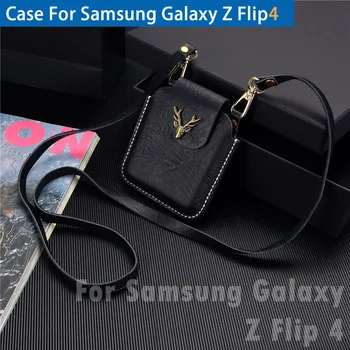 Hakiki Deri Kılıfı ıçin Samsung Galaxy Z Flip 4 Kılıf, lüks Stil Telefon Çanta ıle Kordon