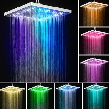 1 ADET 7 renk değiştiren LED Yağış Kare Duş Başlığı Otomatik Renk Değiştiren Sıcaklık Sensörü Duş Başlığı Banyo için