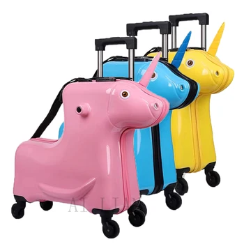 Karikatür at çocuklar haddeleme bagaj çocuk arabası bagaj çantası Oturan bavul spinner tekerlekler üzerinde Sürme Trojanl bagaj hediye