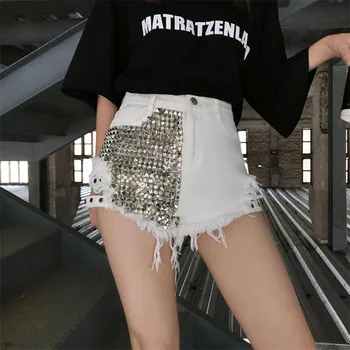 Kadın Moda Marka Püskül Perçin Yırtık Kot şort 2019 yaz Yüksek Belli Punk Seksi Sıcak kısa kot pantolon r867