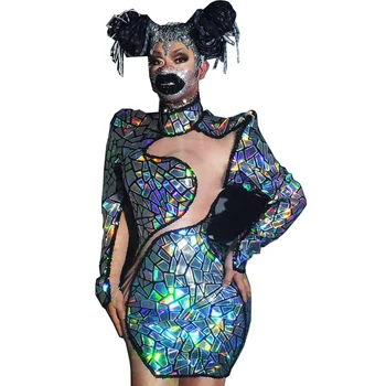 Shining Sequins Yarım Yüksek Yaka Elastik Bodycon Elbiseler Asimetrik Perspektif Gazlı Bez Şarkıcı Kostümleri Kadın Parti Elbise