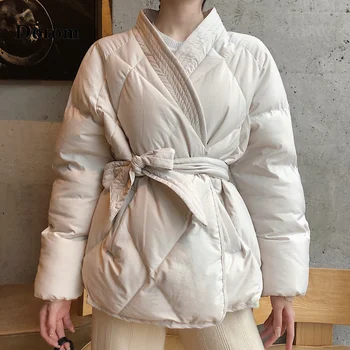 V Yaka Kirpi Kış Parkas Kadın Argyle Desen Pamuk Yastıklı Ceket Kore Tarzı Katı Kuşaklı Kalın Sıcak Kadın günlük ceketler