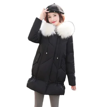 Kadınlar Kış Kapşonlu Faux Kürk Yaka Şerit Büyük Cep Midi Rüzgar Geçirmez Ceket balon ceket Pamuk Yastıklı Parkas Dış Giyim Palto