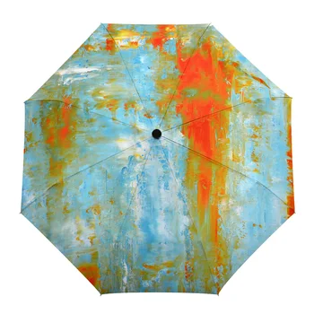 Turuncu Pigment Açık Mavi Beyazlatılmış Otomatik Şemsiye Yağmur ve Güneş için Erkek Kadın plaj şemsiyesi Baskı Katlanır Şemsiye