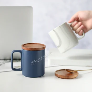 Yaratıcı Kahve Fincanı Seramik ahşap kapaklı kupa Ofis Çay Fincanı mermer damarı Mavi / Siyah Ev su bardağı 420ml