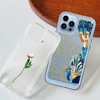 Temizle Kabuk Güzel Tavuskuşu Telefon Kılıfı için iPhone 14 13 12 11 Pro Max Mini XS XR X Koruma Kabuk Kapak Coque Çiçek Fundas