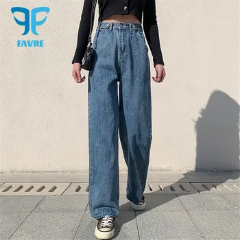 FAVRE Kadın Kot Yüksek Bel Geniş Bacak Kot Pantolon Mavi Vintage Streetwear Moda düz pantolon Rahat Gevşek y2k Anne Kot