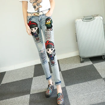 KL1208 Kadın giyim sıska kalem pantolon bayanlar karikatür nakış vintage ripped denim jeans mujer
