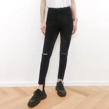 2021 Moda Klasik Marka Lüks Tasarım Çift Diz Delik Düzensiz Siyah Streç Dokuz Nokta Kot kadın Küçük Siyah pantolon