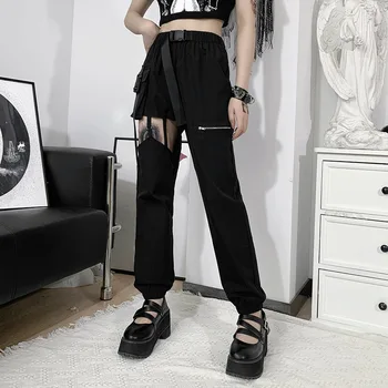 Kız Harajuku Streetwear Siyah Kargo pantolon Kadın Grunge Hollow Out Fermuar Yüksek Bel Cep Kemer Rahat Gotik Pantolon