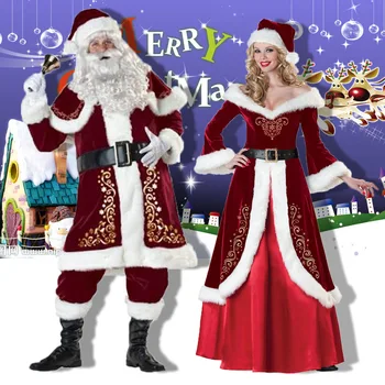 M-XXXL 2019 Yeni Lüks Kadife Noel Noel Baba Takım Elbise Yetişkin Erkek Kostüm eldiven + şal + şapka + elbise + kemer + ayak koruyucu + eldiven