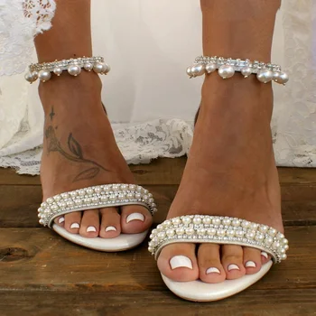 Yaz Dantel Beyaz Çiçek Tıknaz Yüksek Topuk Gelin Düğün Ayakkabı Orta Topuk İnci Taklidi Parti Elbise Artı Boyutu kadın Sandalet