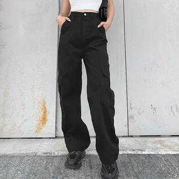 100 % Pamuk Vintage Cepler Yüksek Bel Temel Uzun Kot Rahat Eğlence Moda Streetwear Kot Pantolon Tam Boy Pantolon 2020