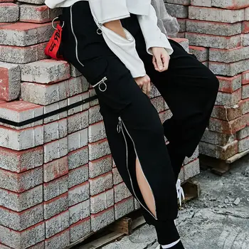Harajuku Kargo Pantolon Kadın Fermuarlı Streetwear Artı Boyutu Pantolon Kadın Siyah Kore Erkek Arkadaşı Pantolon Sweatpants Giysileri