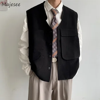 Yelekler Erkekler Dış Giyim Bahar Japon Kargo Cepler Moda Kolsuz Tek Göğüslü Taktik Harajuku Siyah Ofis Koleji Erkek