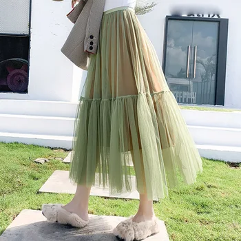 Zarif Midi Uzun Tutu Tül Etek Kadın Moda 2019 Kore Yeşil Mavi Yüksek Bel Pilili Uzun Maxi Etek Kadın Jupe Longue