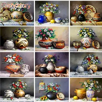 GATYZTORY Boya Çiçekler Çizim Tuval Üzerine Hediye Dıy Sayılar Vazo Kitleri Handpainted Sanat Ev Dekorasyonu