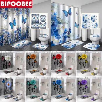 Mavi Kelebek Çiçek 3D Baskılı Duş banyo perdesi Su Damlacık Renkli Güller Tuvalet Kapağı Kaymaz Kilim Banyo Paspasları