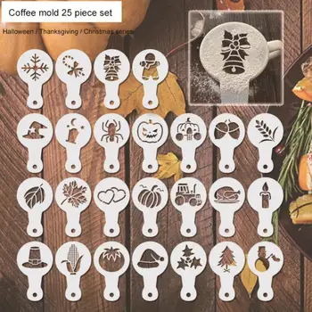 25 Adet / takım Kahve Çizim Kalıp Plastik Baskı Modeli Kahve Köpük Sprey Kek Şablonlar Pudra Şekeri Elek Kahve Aksesuarları
