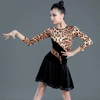 Yeni Çocuk Kız Latin Dans Elbise Aç Geri Orta Kollu Leopar Çizgili Standart Balo Salonu Performans Tango Salsa Elbiseler