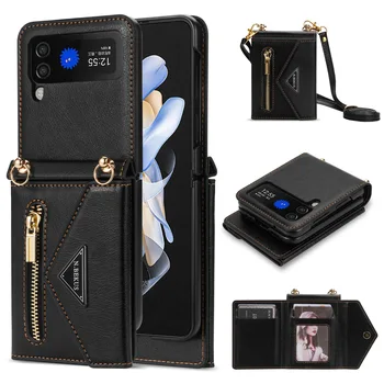 Fermuar Kart Cüzdan Telefon samsung kılıfı Galaxy Z Flip 3 Flip 4 5G Kordon ile Deri Kılıf Flip3 Flip4 Moda omuzdan askili çanta