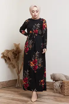 Kadın Siyah Çiçek Desenli Başörtüsü Elbise Likra Örme Krep Uzun Kollu Yuvarlak Boyun Zarif Kalite Moda Boyutu 32-52