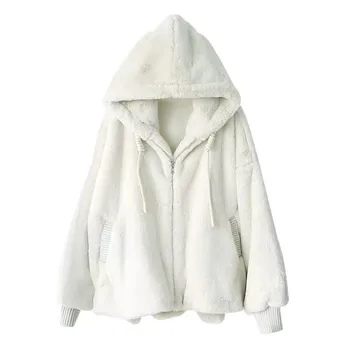 Yeni Moda Bayan Kürk Ceket Sonbahar Kış Kalın Gevşek Sıcak Peluş Rex Tavşan Kürk kapüşonlu ceket Bayan