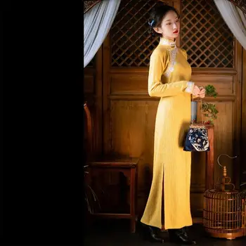 Sonbahar ve Kış Yeni Tatlı Dantel Kenar İnce Örgü Cheongsam kadın giyim Geliştirilmiş Çin Cumhuriyeti Tarzı Taze Günlük Elbiseler