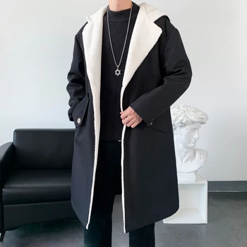 Erkek Kış Paltolar Pelerin Gevşek Uzun Ceketler Haki Kadife Polar Palto Kürk Büyük Boy Kapşonlu Hırka Kore Moda Kumaş