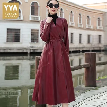 Tasarımcı İnce Uzun Trençkot Kadın Streetwear V Yaka Hakiki Deri Koyun Derisi Palto Ofis Bayan Rüzgarlık Dış Giyim