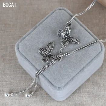 BOCAI Gerçek 100 % S925 Gümüş Retro Moda Mizaç Moda Kelebek Gümüş Boncuk Püskül Kolye Kadın için