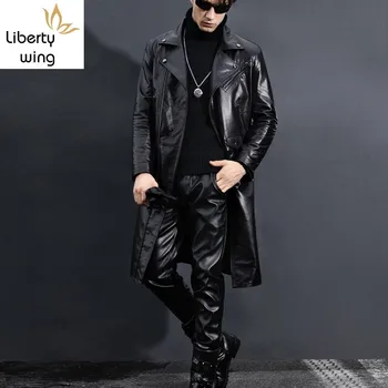 Hakiki Trençkot Erkekler Slim Fit Siyah Motosiklet Ceket Kış Yeni Rüzgarlık Inek Deri Uzun Ceketler Artı Boyutu 5XL