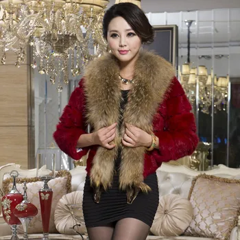 Sonbahar Kış kadın Hakiki Tavşan Kürk Ceket Rakun Kürk Yaka Bayan Kısa Giyim Ceket VF0309