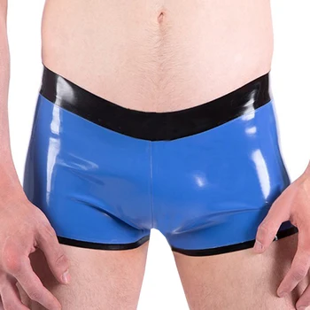 Doğal Lateks Erkekler Sıkı Boxer Kauçuk Fetiş Iç Çamaşırı Koyu Mavi Şort Külot El Yapımı RPM124
