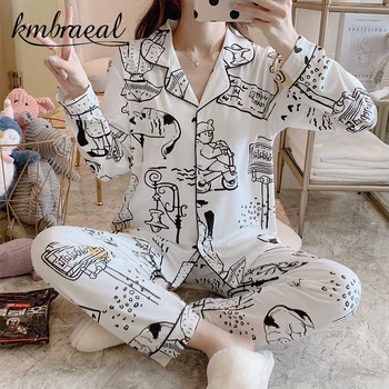 Kmbraeal Yeni Sonbahar kadın Pijama Set Lüks Stil Baskı Pijama Ipek Gibi Nightie Eğlence Gecelik Gecelik Set Artı Boyutu