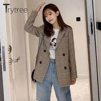 Trytree 2020 Sonbahar Kış Rahat Kadın Takım Elbise Ceket Turn-aşağı Yaka Tek Göğüslü Ekose Cepler Moda Ofis Bayan Takım Elbise Ceket