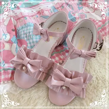 Yaz prenses tatlı lolita ayakkabı sevimli öğrenci günlük ilmek deri ayakkabı yuvarlak kafa düz topuk kadın ayakkabı cosplay loli