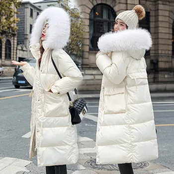 Uzun Aşağı pamuklu ceket Kadın Parker 2021 Yeni Moda Kürk Yaka Kapşonlu Palto Kalın Sıcak kışlık ceketler Kadın Temel Mont