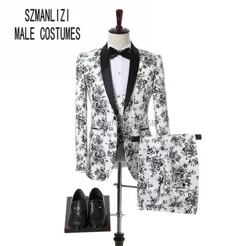 Özel Tailor Made Erkekler Düğün Takımları Moda Tasarım İnce Groomsmen Düğün Damat Smokin Beyaz Ve Siyah Gül Erkek Takım Elbise 3 parça
