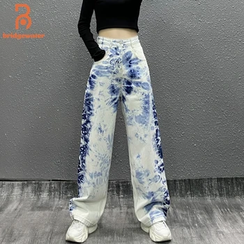 BRİDGEWATER Streetwear Düzensiz Render Baskılı Kot kadın Sonbahar 2021 Yeni Yüksek Bel Gevşek Düz Kot Pantolon Kadın Gelgit