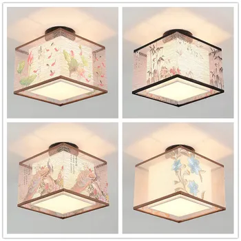 Çin tarzı tavan ışıkları E27 Led lamba el yapımı nakış kumaş abajur ev odası dekor koridor aydınlatma armatürleri