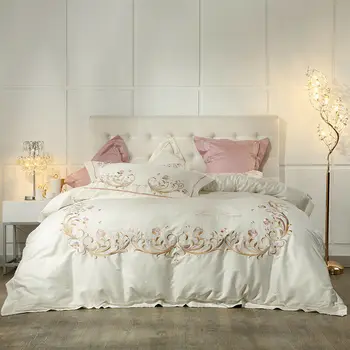 Alherff marka 4 adet Yatak Seti Pima Pamuk Nakış Nevresim Düz Levha Yastık beyaz Kraliçe kral