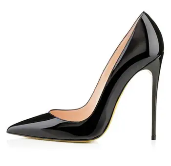 Kadın Yüksek Topuklu Pompalar Düğün gelin ayakkabıları Siyah Topuklu Kadın Ayakkabı siyah rugan sivri burun Stilettos yüksek topuk