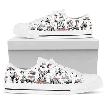 ELVISWORDS Beyaz Gergedan Baskı Ebegümeci Baskı Sneakers Hayvan Tasarım Hafif Açık Ayakkabı Kadın kanvas ayakkabılar Zapatos