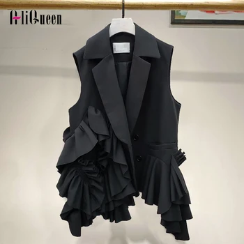 2021 Bahar Giyim Katmanlar Düzensiz Ruffles Tasarım Yelekler Bayanlar Gevşek Siyah Blazer Mont Kadın Dantelli Casual Bayan Yelek